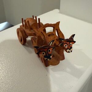 Handcrafted Wooden Ox Cart Figurine From Portugal
